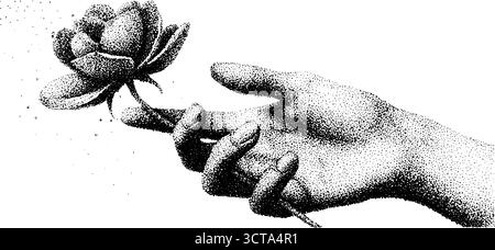 Illustration complexe de pointillés de dotwork d'une main humaine tenant une fleur. Illustration de Vecteur