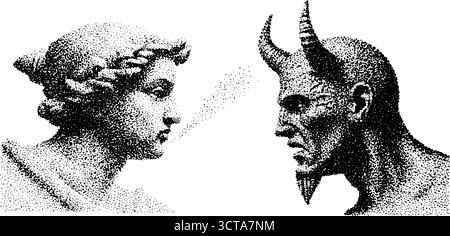 Art détaillé de pointillés d'ange et de démon dans la vue de profil. Illustration de Vecteur