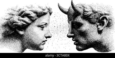 Art de dotwork complexe de faces d'ange et de démon en profil. Illustration de Vecteur