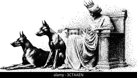 Illustration détaillée en pointillés d'hadès avec cerbère sur un trône. Illustration de Vecteur