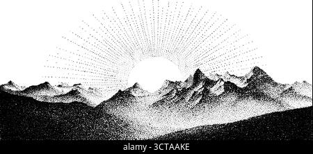 Pointillés complexes de montagnes superposées et éclat de soleil radieux. Illustration de Vecteur