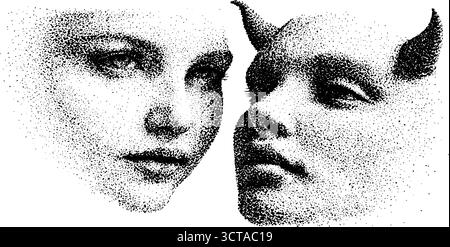 Maquette surréaliste en pointillés de deux faces fusionnées avec des expressions uniques. Illustration de Vecteur
