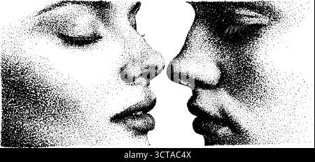 Illustration artistique en pointillés de deux visages fusionnés dans un style pointillé détaillé. Illustration de Vecteur