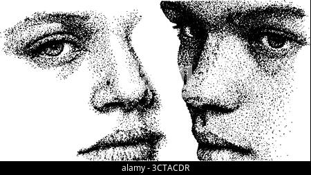 Illustration pointillée détaillée de deux faces en miroir pour la conception artistique. Illustration de Vecteur