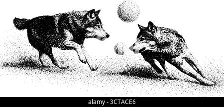 Pointillés complexes de deux loups en mouvement mettant en scène des techniques d'art stipple. Illustration de Vecteur