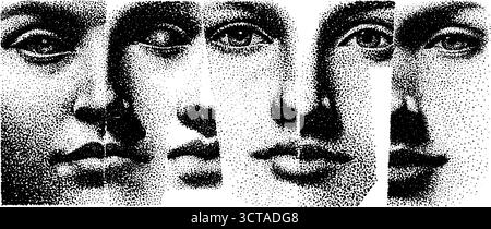 Conception complexe de pointillés de dotwork d'une composition de visage de miroir cassé pour des projets créatifs. Illustration de Vecteur