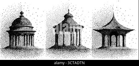 Ensemble détaillé d'illustration pointillée de trois structures architecturales ornées. Illustration de Vecteur