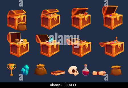 Coffres en bois au trésor ouverts de dessin animé. Divers bijoux, piles de pièces d'or et cristaux. Bonus de jeu d'arcade, trésors de pirate, sapid vector clipart ori Illustration de Vecteur