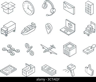 Icônes d'administration isométrique. Livraison de marchandises, colis et achats. Logistique de transport, commerce en ligne, marketing. Esquissez les éléments vectoriels astucieux ori Illustration de Vecteur