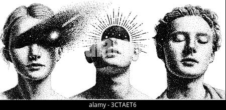Art complexe de pointillés de dotwork de trois têtes flottantes avec des éléments cosmiques et spirituels. Illustration de Vecteur