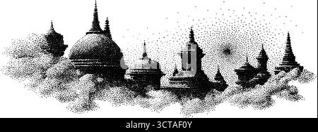 Vintage pointillé et illustration pointillée de temples flottants avec effet demi-ton pour l'art et le design. Illustration de Vecteur