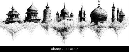 Illustration pointillée complexe de temples flottants dans les nuages. Illustration de Vecteur