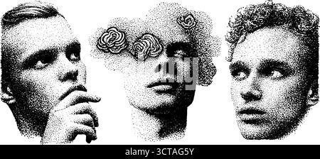 Art complexe de pointillés de têtes superposées avec des éléments floraux pour un design créatif. Illustration de Vecteur