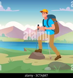Tourisme. personnage masculin heureux avec sac à dos allant à l'œuvre d'art originale des montagnes Illustration de Vecteur