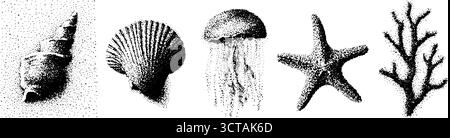 Ensemble d'art à pois Marine Life avec coquillages, corail, étoiles de mer et méduses pour un design créatif. Illustration de Vecteur