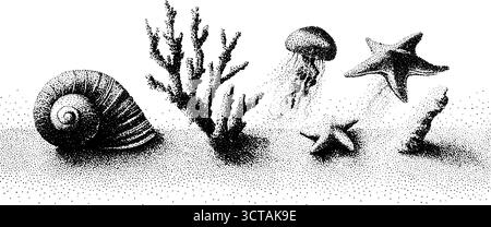 Illustration en pointillés complexe de la vie marine avec coquillages et corail pour des motifs sur le thème de la côte. Illustration de Vecteur