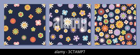 Ensemble de motifs de fleurs sans couture rétro Groovy Illustration de Vecteur