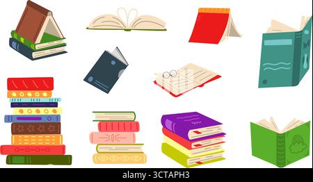Piles de livres. Livre ouvert et fermé, manuels de dessin animé, cahier. Éléments de lecture, bibliothèque ou librairie. Livre festival collection vectorielle original Ar Illustration de Vecteur