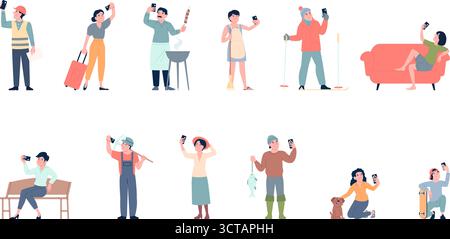 Personnages selfie. Les personnes avec des smartphones faisant des photos ou des vidéos dans diverses situations. Femelle mâle avec de la nourriture, des animaux, dans le passe-temps ou le voyage, vec récent Illustration de Vecteur