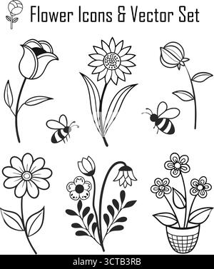 Ensemble d'icônes de fleurs – symboles floraux, botaniques et naturels dans un design minimaliste plat Illustration de Vecteur