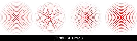 Ensemble de cercles concentriques radiaux rouges. Anneaux ondulés, pointillés et pointillés pour les symboles épicentre, cible, radar, onde de choc sismique. Collecte de signaux d'ondes sonores. Eléments vibratoires expansifs vectoriels Illustration de Vecteur