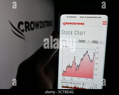 Allemagne. 27 septembre 2025. Dans cette illustration photo, une personne tient un téléphone portable avec la page Web de la société de cybersécurité CrowdStrike Holdings sur l'écran devant le logo. (Photo timon Schneider/SOPA images/SIPA USA) *** strictement à des fins éditoriales *** crédit : SIPA USA/Alamy Live News Banque D'Images