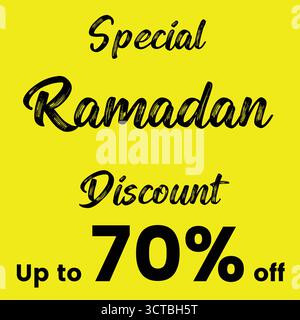 Réduction spéciale Ramadan jusqu'à 70% de réduction, grande bannière de vente festive avec fond jaune, parfait pour les promotions des clients et l'utilisation des médias sociaux. Illustration de Vecteur