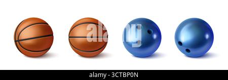 Ballon de basket-ball et de bowling isolé sur fond blanc. Illustration réaliste vectorielle de balles de sport 3D avec des ombres douces sur le sol, équipement de jeu, score de match, symbole de style de vie actif sain Illustration de Vecteur