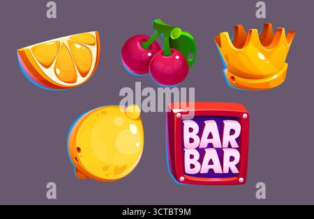 Jeu d'icônes de casino avec des symboles de barre et de jackpot - tranche d'orange, cerises rouges, couronne d'or, pièce de monnaie jaune et affichage de machine à sous pour la conception d'interface de jeu. Éléments de récompense brillants pour les applications de jeu. Illustration de Vecteur