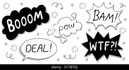 Explosions comiques noires avec boom et pow, BAM, wtf et Deal dans des bulles de discours. Typographie audacieuse avec des étincelles, des lignes de mouvement et des flèches pour l'action de super héros vintage ou des panneaux de roman graphique. Illustration de Vecteur