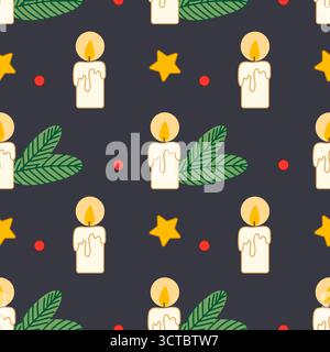 Motif sans couture confortable sur fond gris foncé ou marine avec des bougies fondantes blanches, des étoiles jaunes et des branches de sapin vert avec des baies rouges. Parfait pour w Illustration de Vecteur