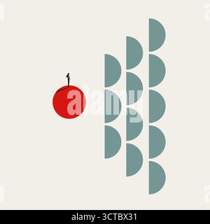 Illustration vectorielle représentant le leadership, l'influence et l'inspiration. Une seule figure se tient sur un cercle rouge audacieux, menant ou inspirant une ligne de f Illustration de Vecteur