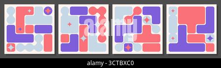 Des dispositions colorées de grille bento avec des rectangles arrondis, des cercles et des étoiles pour des conceptions d'interface modernes. Blocs géométriques roses, violets et bleus disposés en compositions modulaires avec des éléments décoratifs Illustration de Vecteur