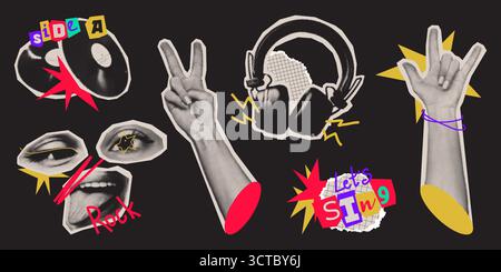 Collage demi-ton Y2K avec des éléments numériques rétro et des gestes de la main - visage avec la foudre, écouteurs, signe de paix et symboles rock. Graphismes vintage de style bande dessinée pour les projets de design nostalgiques. Illustration de Vecteur