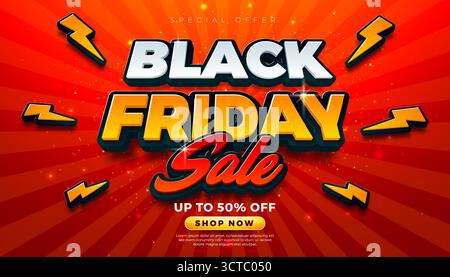 Bannière de jour de shopping de vente de vendredi noir avec lettrage de typographie 3d et symboles Flash sur fond rouge rétro. Vector Black Friday saison des fêtes Illustration de Vecteur