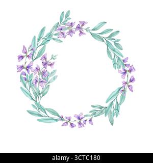 Cadre floral rond de fleurs de sauge violette avec des feuilles sarcelle, illustration aquarelle, dessinée à la main. Parfait pour les cartes de vœux, emballage, impressions de tissu, invitations, art mural, et papeterie. Banque D'Images
