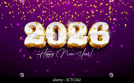 Illustration de carte de voeux de bonne année 2026 avec numéro 3D or et confettis tombant sur fond sombre. Conception de célébration de vacances de Noël avec Illustration de Vecteur