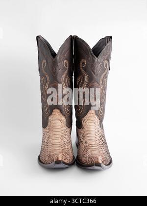 Paire de bottes de cow-boy exotiques de l'Ouest avec texture peau de serpent authentique sur les vamps et broderie décorative sur les arbres en cuir Banque D'Images