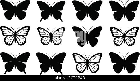 Icônes de papillon noir et blanc – silhouettes et dessins de ligne Wing détaillés pour la nature, le design contrasté, l'éducation et les graphiques décoratifs Illustration de Vecteur