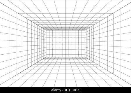Boîte de grille de perspective de salle dans un style 3D futuriste. Aperçu de l'arrière-plan de la grille technique hud, projection de la salle. Modèle de grille filaire en vue perspective. . Illustration vectorielle Illustration de Vecteur