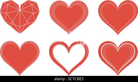 ensemble minimal d'icônes de coeur rouge avec des styles géométriques, soulignés et texturés pour la saint-valentin, l'amour et le design romantique Illustration de Vecteur