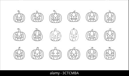 Collection d'icônes de contour de citrouille d'Halloween, ensemble de différents visages de citrouille pour la célébration d'Halloween Illustration de Vecteur