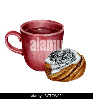 Illustration aquarelle d'une tasse en céramique rouge avec du thé et de la pâtisserie sucrée sur fond blanc. Idéal pour la conception de menu de café, emballage, livres de recettes, poste Banque D'Images