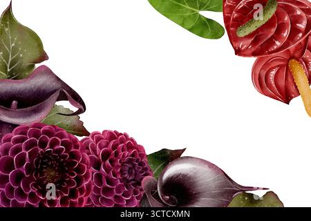 Cadre floral aquarelle avec dahlia, lis calla, fleurs d'anthurium et feuilles vertes sur fond blanc. Convient pour les invitations, l'emballage, le salut Banque D'Images