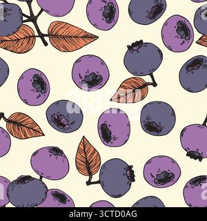 Modèle sans couture avec myrtille. Myrtilles naturelles fraîches mûres savoureuses. Illustration vectorielle pour arrière-plan, emballage, textile, tissu et divers Illustration de Vecteur