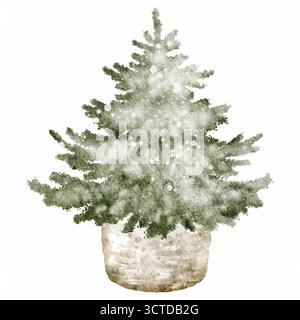 Arbre de Noël aquarelle dans un panier en osier Illustration de Vecteur