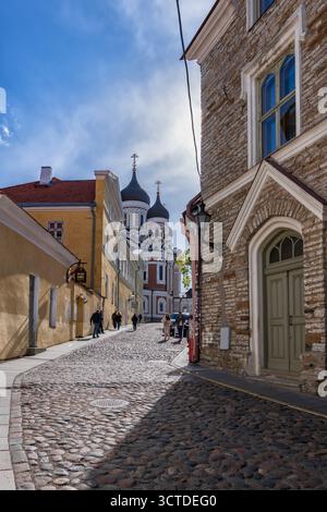 Ville de Tallinn en Estonie. Vue sur la cathédrale Alexander Nevsky depuis la rue pavée Pikk Jalg dans la vieille ville. Banque D'Images