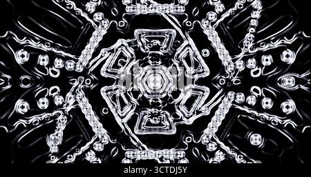 Un design abstrait avec des formes complexes et des lignes tourbillonnantes en blanc sur fond noir. L'œuvre crée un visu fascinant et dynamique Banque D'Images