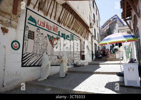 Alger, Algérie. 25 mai 2025. Photo prise le 25 mai 2025, montrant un mur dans la vieille ville d'Alger, la Casbah, désignée par l'UNESCO, peinte aux couleurs du Mouloudia Club d'Alger, MC Alger, l'équipe la plus populaire d'Algérie. Photo de Billel Bensalem/APP/ABACAPRESS.COM crédit : Abaca Press/Alamy Live News Banque D'Images