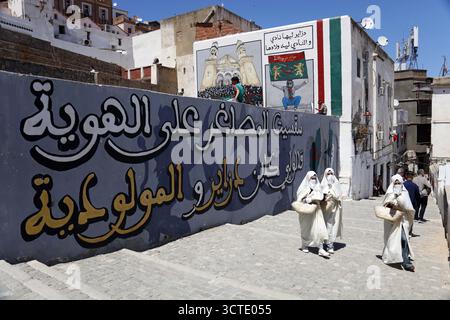 Alger, Algérie. 25 mai 2025. Photo prise le 25 mai 2025, montrant un mur dans la vieille ville d'Alger, la Casbah, désignée par l'UNESCO, peinte aux couleurs du Mouloudia Club d'Alger, MC Alger, l'équipe la plus populaire d'Algérie. Photo de Billel Bensalem/APP/ABACAPRESS.COM crédit : Abaca Press/Alamy Live News Banque D'Images